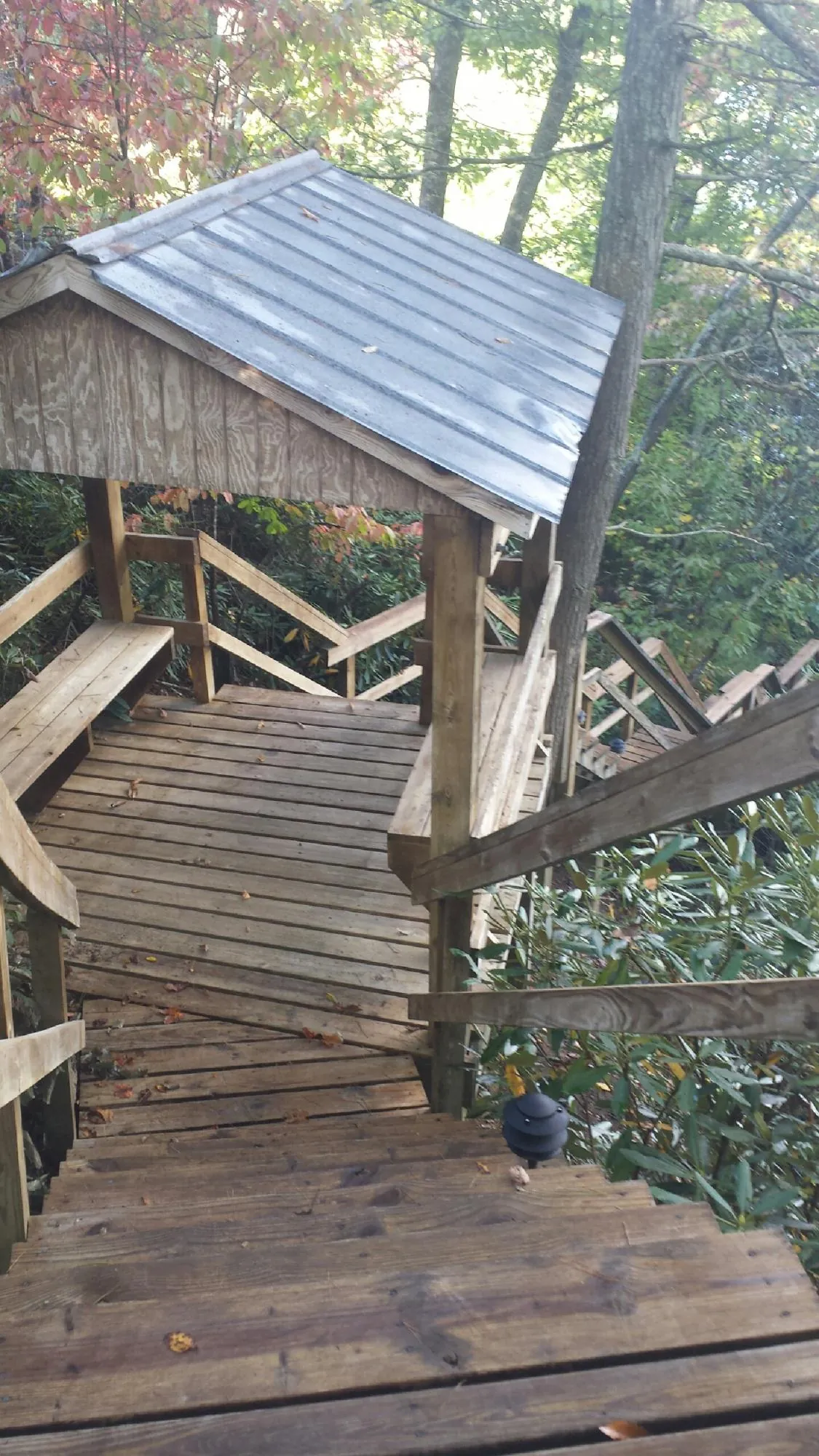 Metal roofed shelter over wooden steps on a wooded walkway — Skylight Repair & Installation work by our crew in Los Alamitos